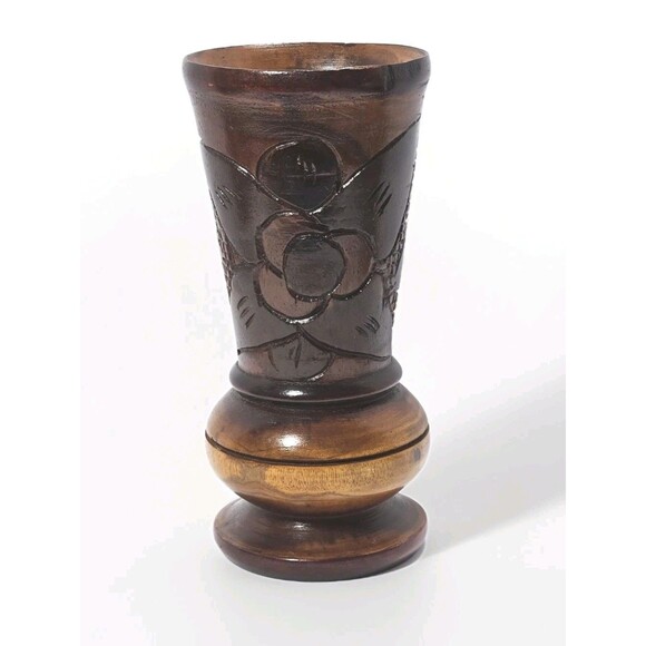 Vintage Boho Tiki Style Hand-Carved Wooden Floral Vase  9” Rustic Folk Art Decor - Picture 2 of 10